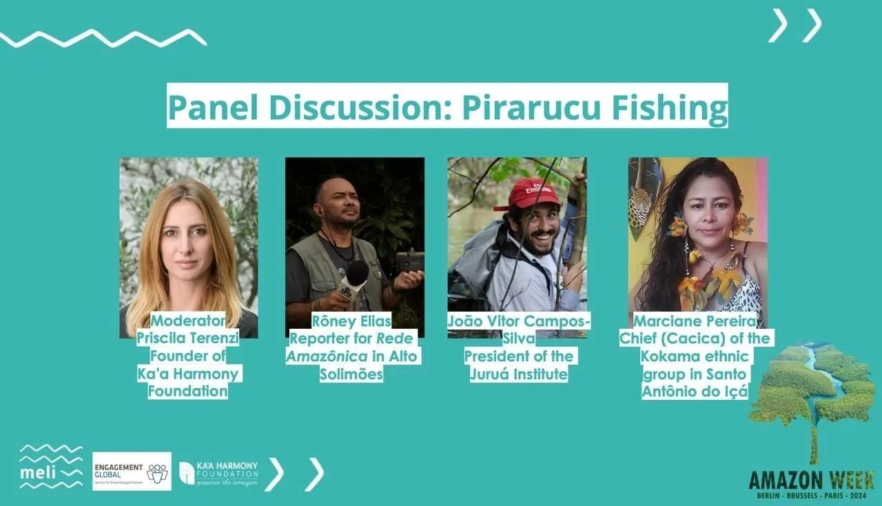 Slide “Panel Discussion: Pirarucu Fishing” with portraits of moderator Priscila Terenzi and the guests